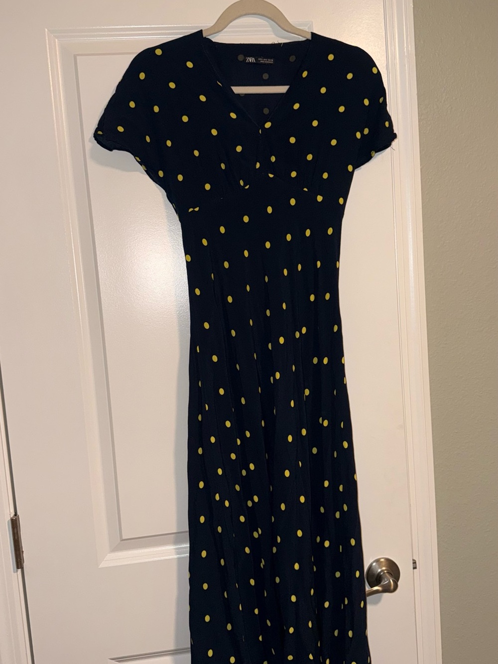 Zara Navy Maxi Dress with Lime Polka Dots